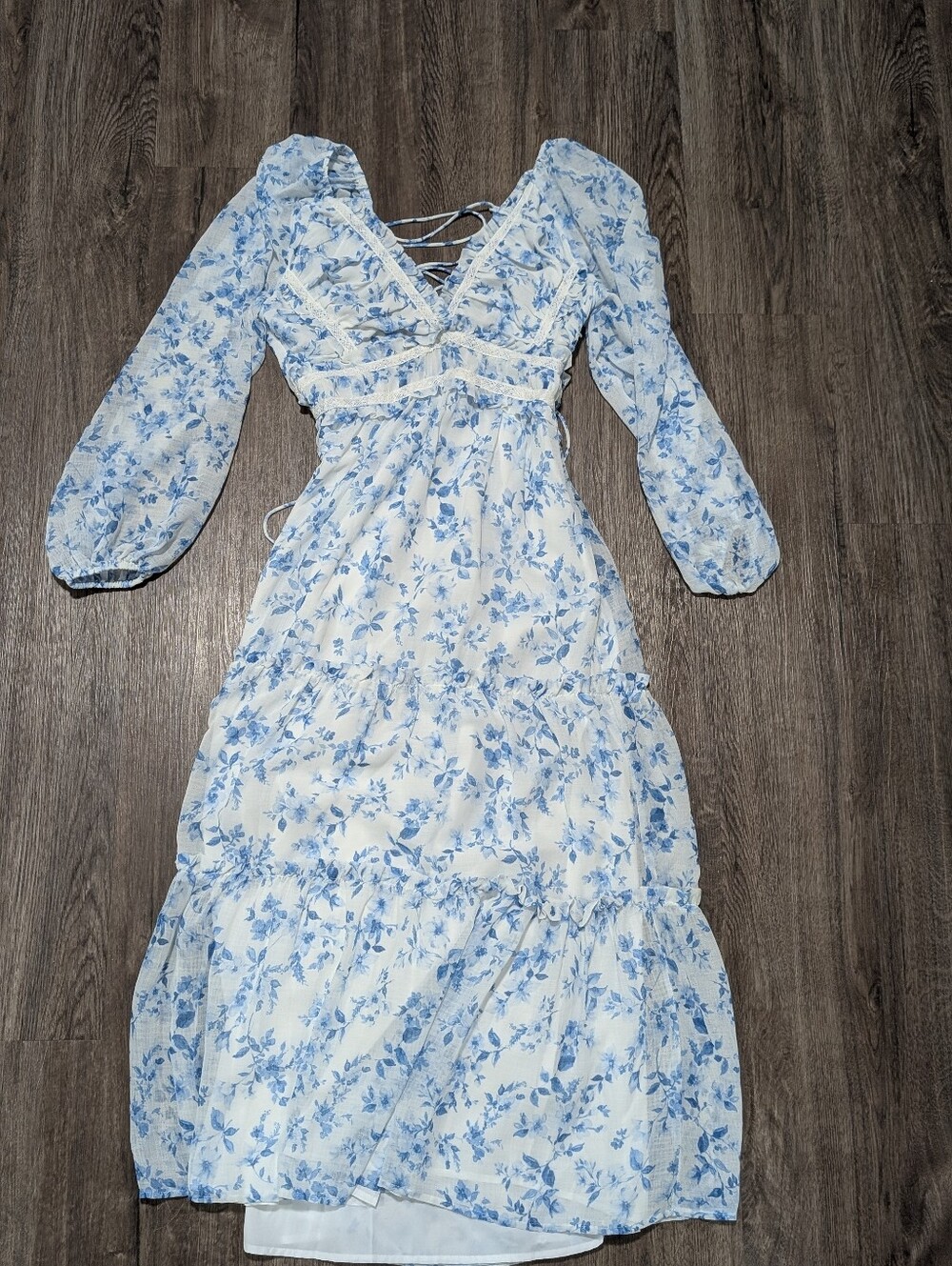 Altar'd State White and Blue Floral Lace-Up Maxi Dress
